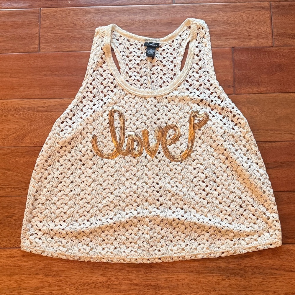 Cream Colored Crochet Knit Tank Top Gold Sequin Love Size XL